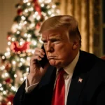 President Donald Trump sits with a phone and a decorated Christmas tree under warm golden lighting at Mar‑a‑Lago.