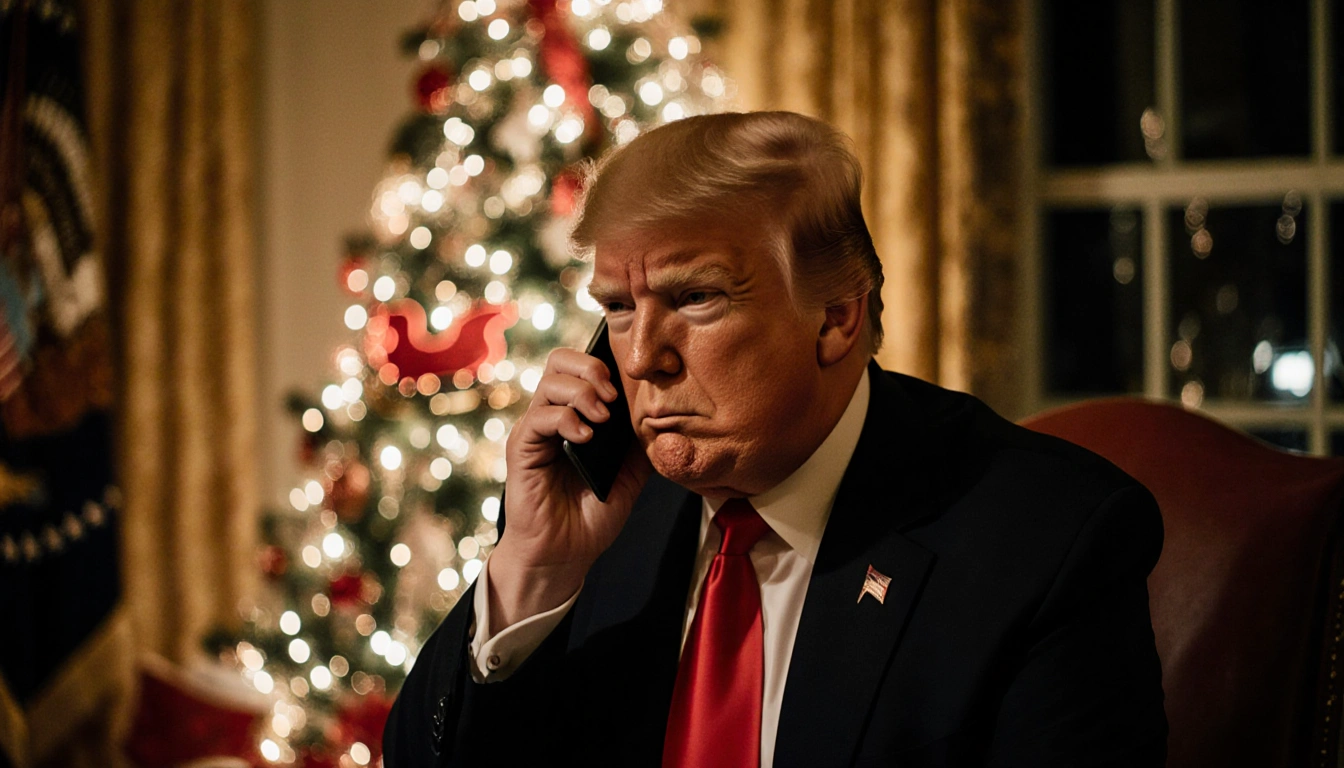 President Donald Trump sits with a phone and a decorated Christmas tree under warm golden lighting at Mar‑a‑Lago.