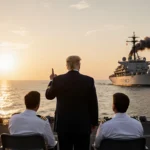 President Trump stands on a naval deck gesturing toward a Venezuelan oil tanker at sunset with Rubio and Hegseth beside him
