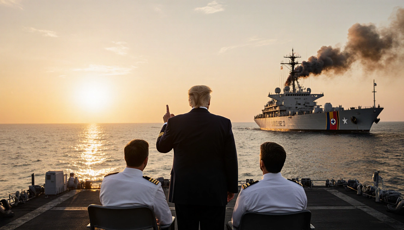 President Trump stands on a naval deck gesturing toward a Venezuelan oil tanker at sunset with Rubio and Hegseth beside him