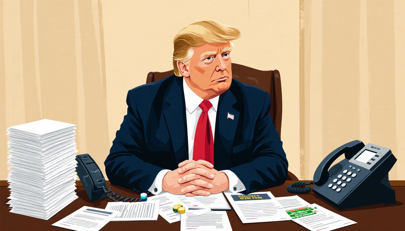 President Trump sits at the Oval Office desk with stacks of phone calls and support letters and medical equipment nearby.