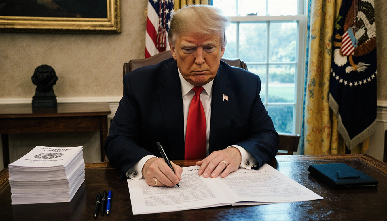 Donald Trump stands at the Oval Office podium with papers open for veto and warm light behind him.