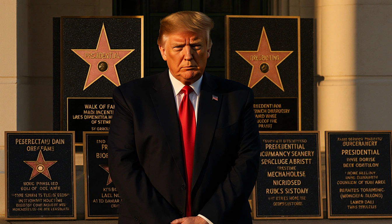 President Trump poses with arms covering face near gold‑lettered plaques on the Presidential Walk of Fame in golden hour.
