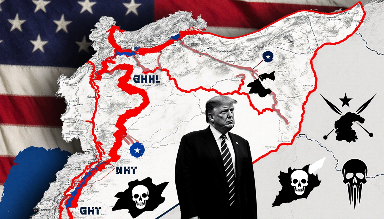 President Trump standing before a map of Syria with a bold red strike zone line and a subtle American flag in the background.