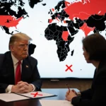 Two officials seated across from each other at a meeting table with a map and red flags and documents marked with X.