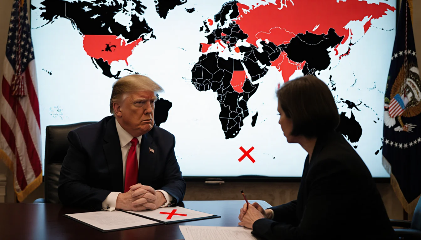 Two officials seated across from each other at a meeting table with a map and red flags and documents marked with X.