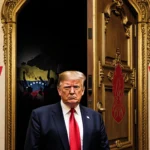 Donald Trump standing in front of an ornate door with a red W and dark hallway beyond