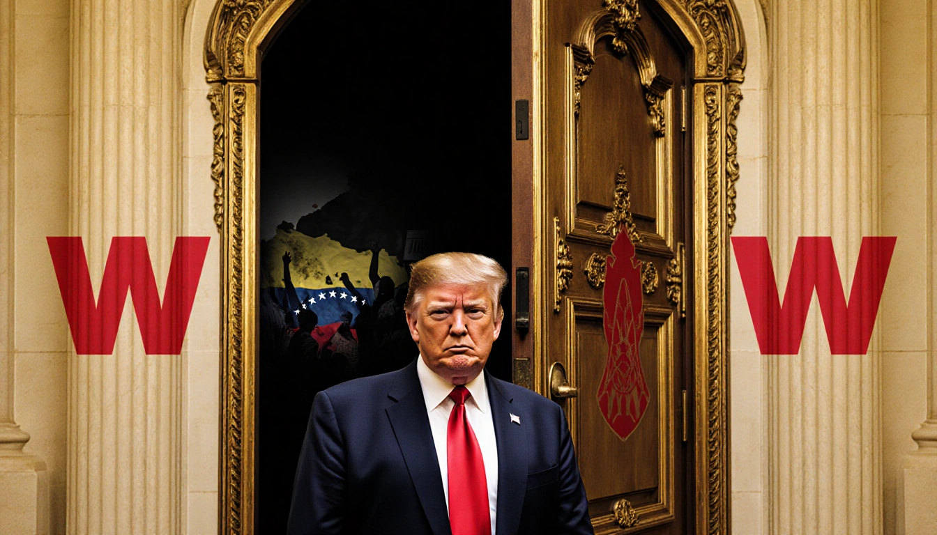 Donald Trump standing in front of an ornate door with a red W and dark hallway beyond