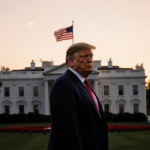 President Trump stands before the White House at sunset with the flag waving behind him and protest signs hinting at declinin