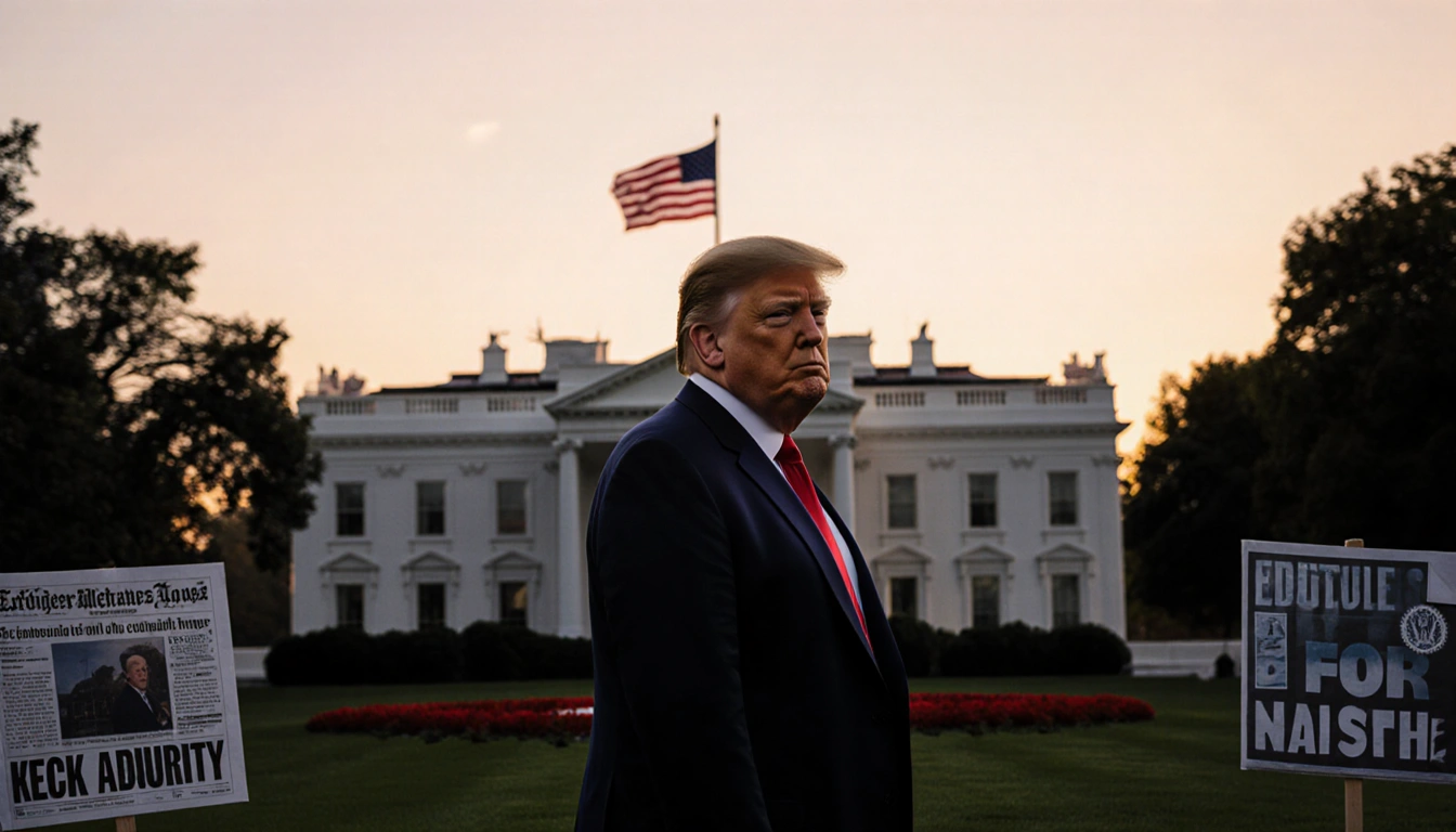 President Trump stands before the White House at sunset with the flag waving behind him and protest signs hinting at declinin