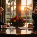 President Trump greets President Zelenskyy with a signed peace agreement on the table and sunset glow in the background