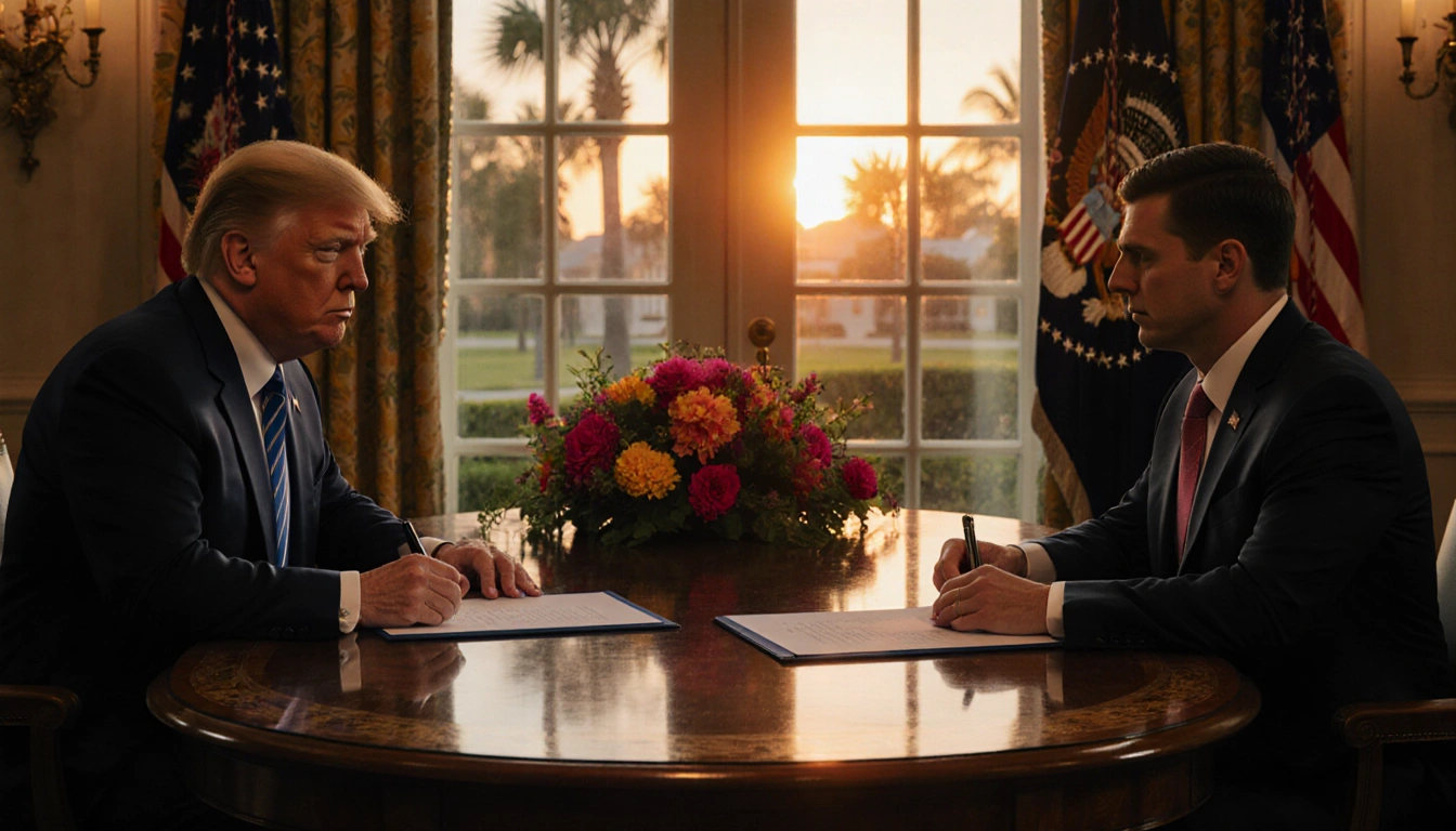 President Trump greets President Zelenskyy with a signed peace agreement on the table and sunset glow in the background