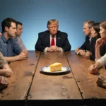 Fifty people sitting around a table with a half‑eaten plate of cheese reflecting loyalties toward Trump under lighting.