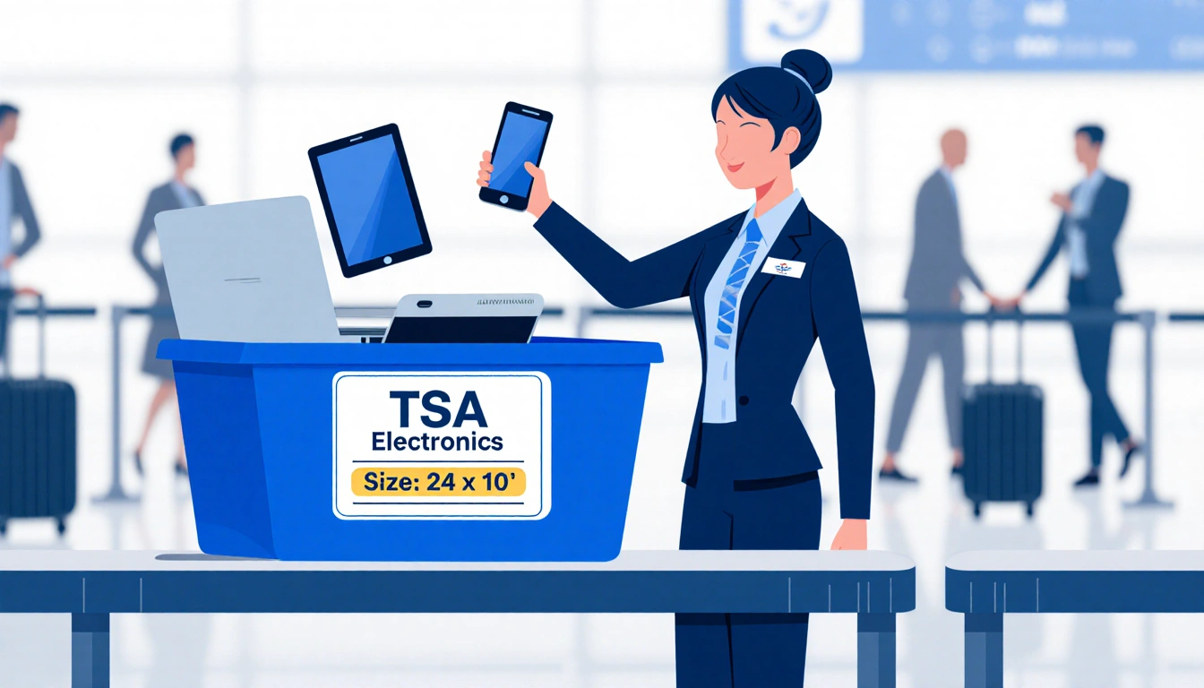 TSA agent holding laptop and smartphone with labeled bin of larger electronics near security checkpoint.