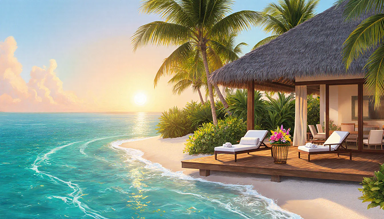 Luxurious villa deck stretches along turquoise waters with palm trees and sunset glow