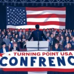 Lone figure stepping up to speak with microphone and Turning Point USA banner in packed conference room with American flag