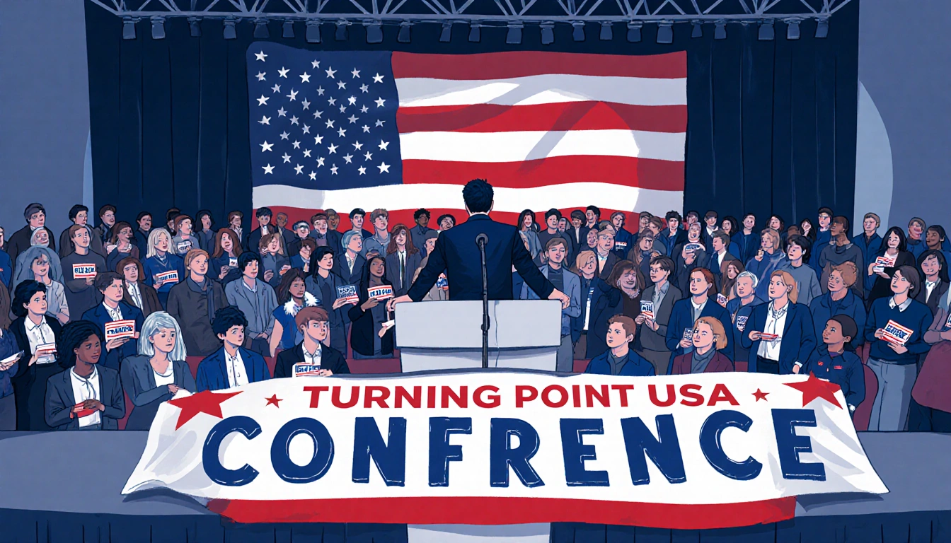 Lone figure stepping up to speak with microphone and Turning Point USA banner in packed conference room with American flag