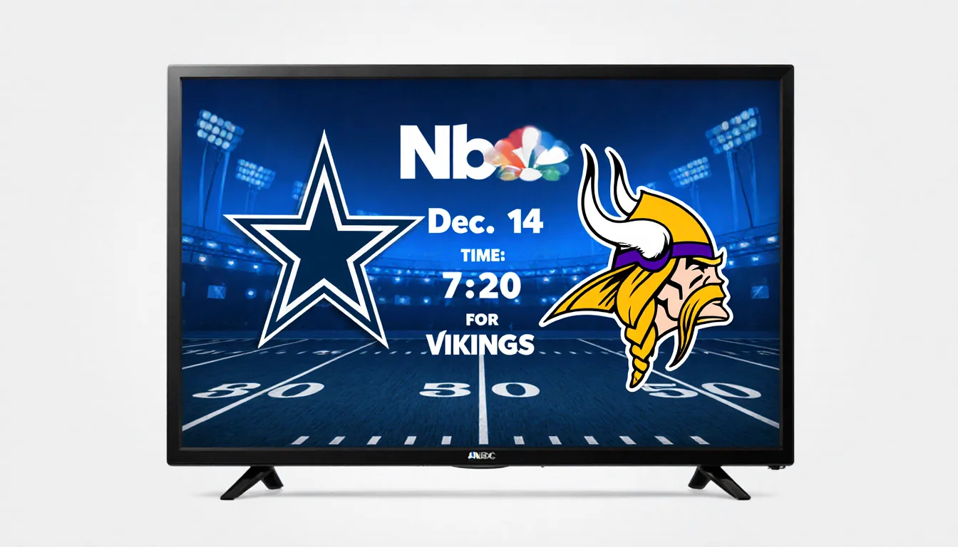 TV screen showing NBC logo with Cowboys vs Vikings game details and blue accents