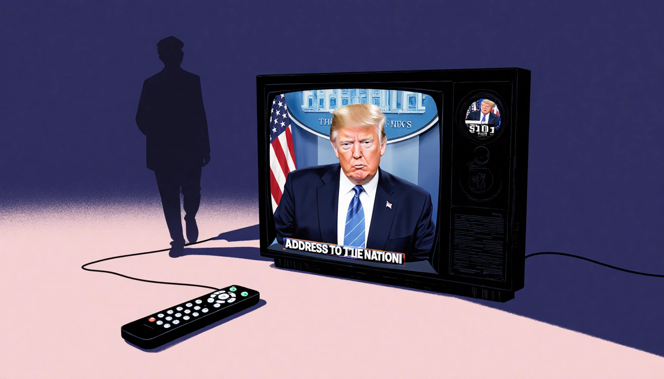 TV screen showing Trump address with serious news channel glow and abandoned remote control nearby.