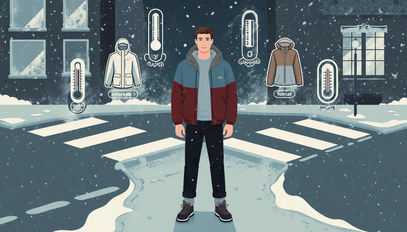 Tyler Riola standing at a crossroads wearing layered clothing with icy sidewalks and cold weather in a minimalist cityscape.
