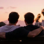 Tylor sits on a park bench with Daniel beside him holding his shoulder while they watch a sunset over a blurred cityscape.