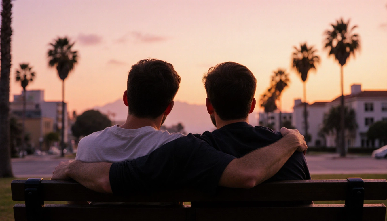 Tylor sits on a park bench with Daniel beside him holding his shoulder while they watch a sunset over a blurred cityscape.