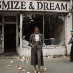 Tyra Banks looks concerned at window reflection of abandoned ice cream shop with cones and street performer.