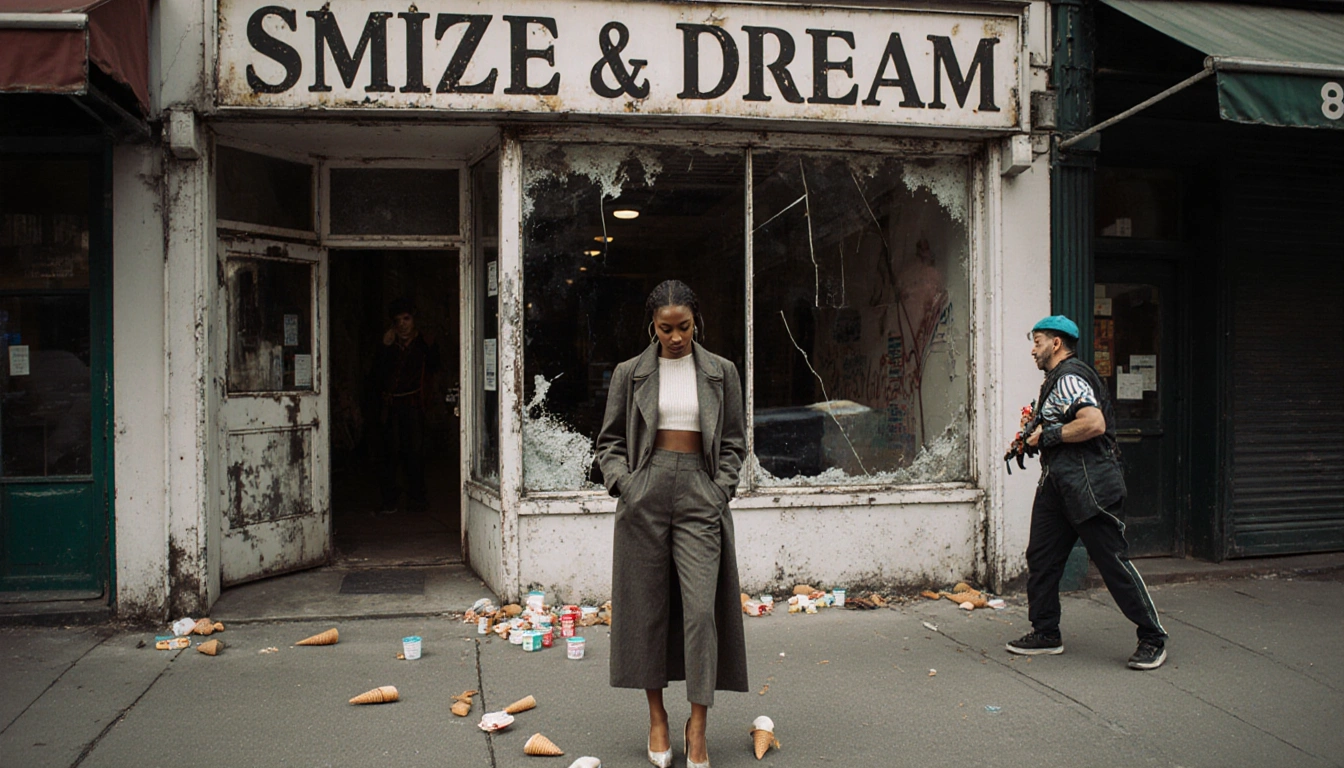 Tyra Banks looks concerned at window reflection of abandoned ice cream shop with cones and street performer.