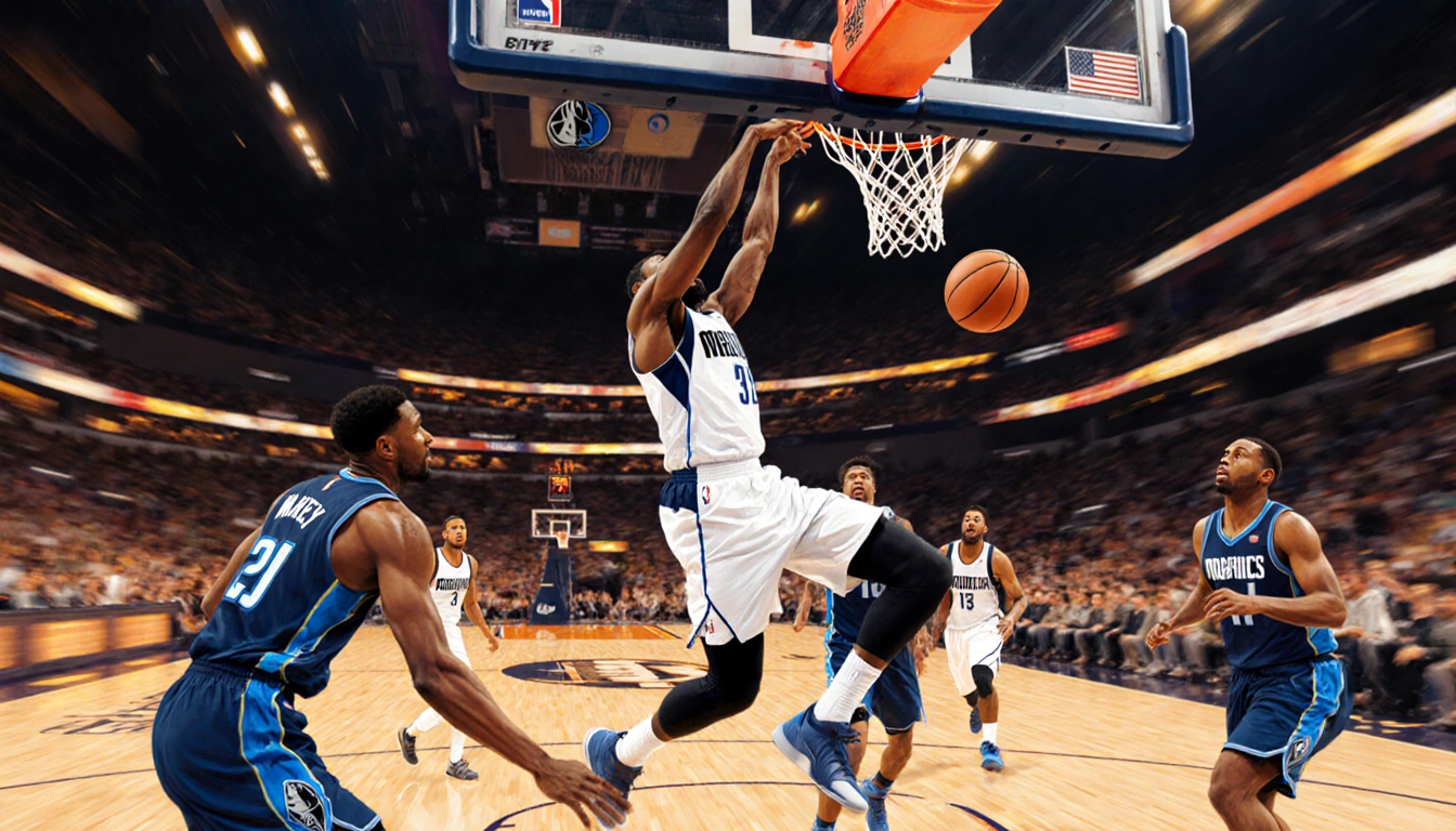 Tyrese Maxey dribbling toward the hoop with teammates behind him and Mavericks defenders in pursuit under warm lighting