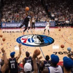 Tyrese Maxey dunking in midair with 76ers logo blurred in background and excited Philly fans below