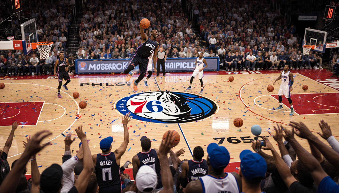 Tyrese Maxey dunking in midair with 76ers logo blurred in background and excited Philly fans below