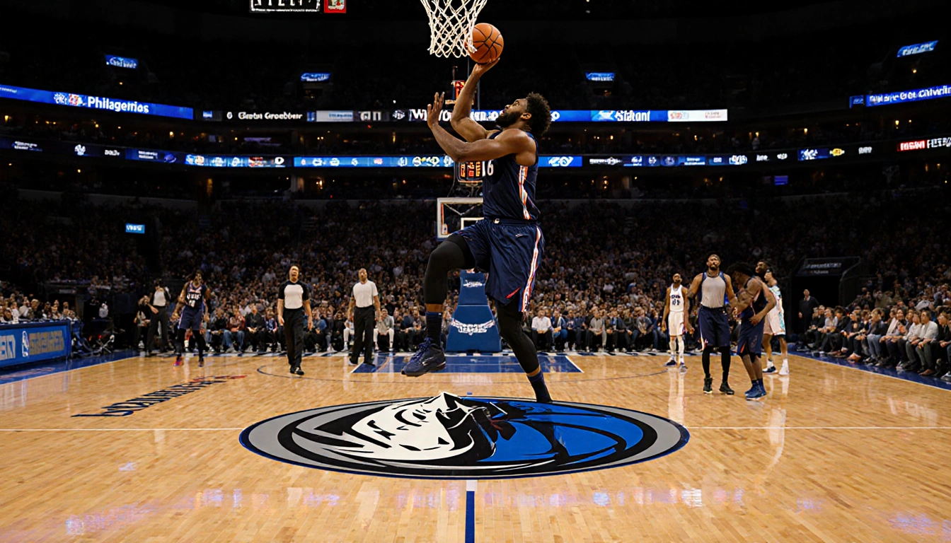 Tyrese Maxey sinking a basketball three-pointer with arena lights glowing and Embiid