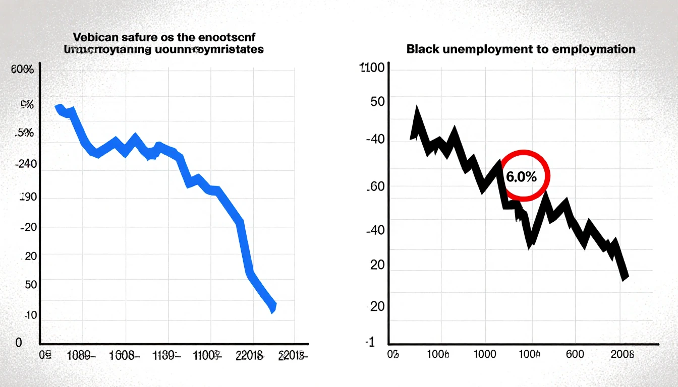 Blue line shows national unemployment decline with red circle marking 6.0% on jagged black line below employment trends