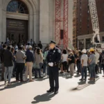 Dallas residents gather outside city hall with construction cranes and a police badge near the entrance.