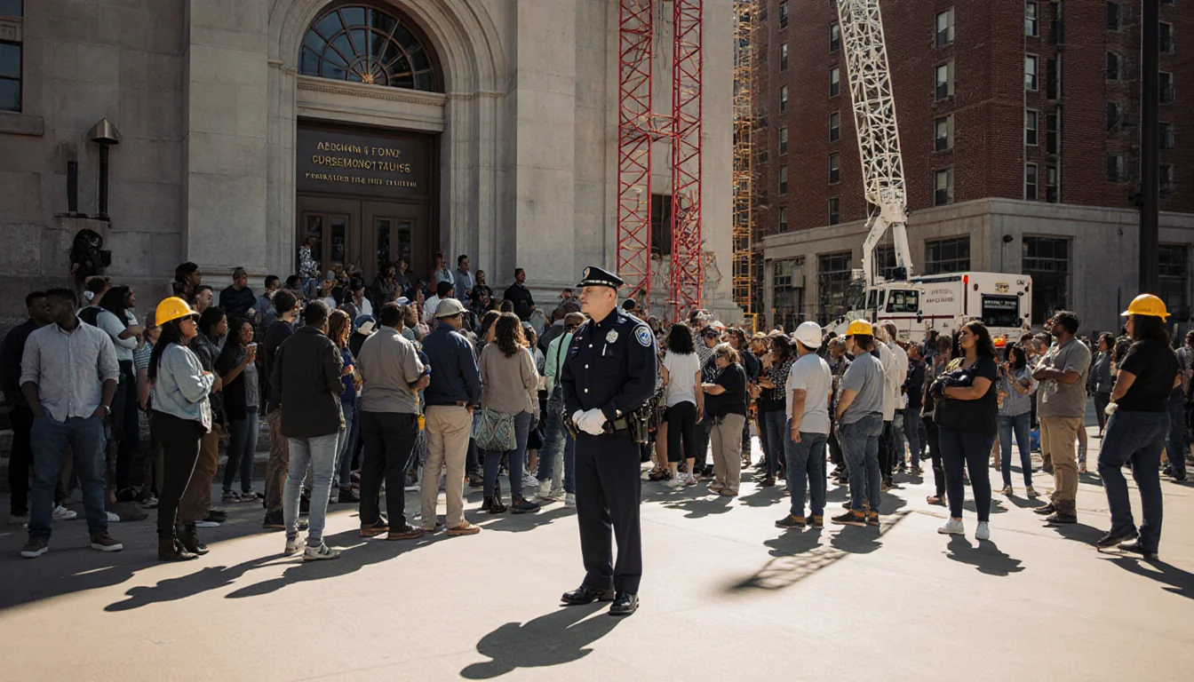Dallas residents gather outside city hall with construction cranes and a police badge near the entrance.