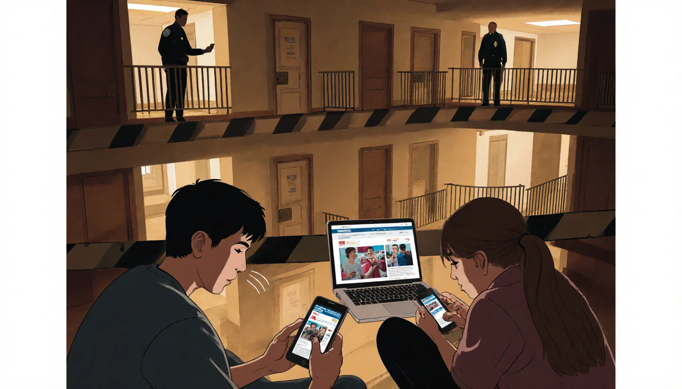 Students scrolling on phones with barricaded doors and anxious police figures in blurred background.