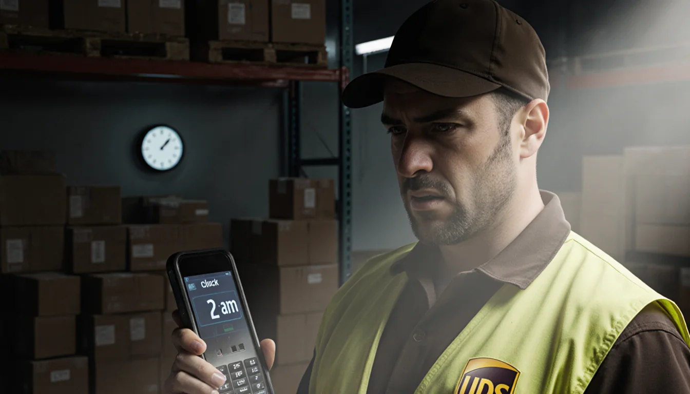 UPS worker checks clocking‑in screen with tired face and dim warehouse backdrop