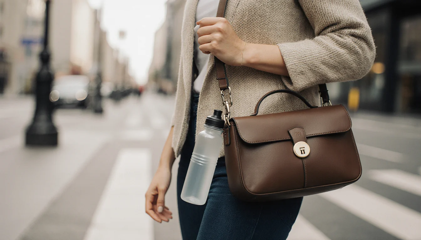 Woman commuting with crossbody bag made of vegan leather showing lock clasp and RFID feature and hydration bottle attached.