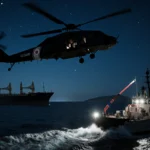 Coast Guard helicopter over oil tanker with searchlights cutting waves near Venezuelan coastline