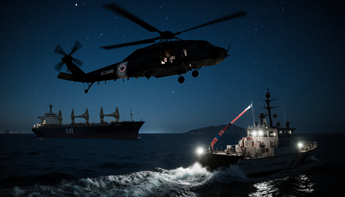 Coast Guard helicopter over oil tanker with searchlights cutting waves near Venezuelan coastline