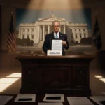 Schumer holds resolution tablet with golden light in a tense Senate chamber and blurred DOJ building.