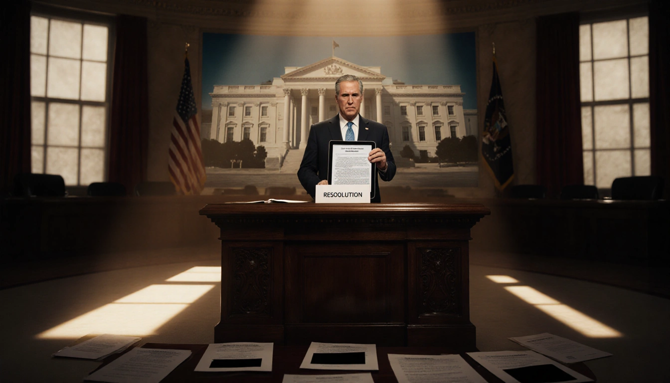 Schumer holds resolution tablet with golden light in a tense Senate chamber and blurred DOJ building.