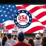 Fans cheering around screen with USA Baseball logo and waving flag while holding signs