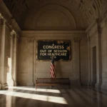 Empty Capitol hallway showing a weathered sign with a bench and faded flag