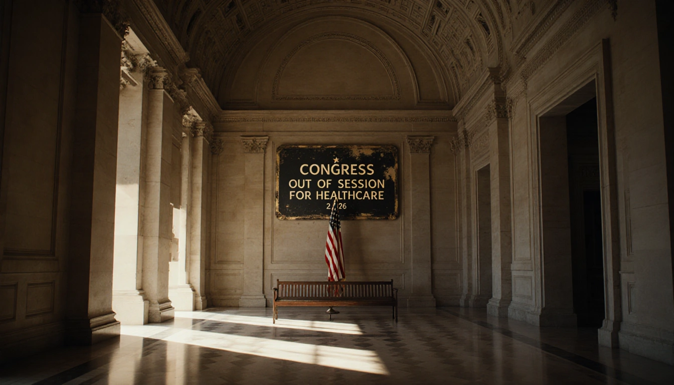 Empty Capitol hallway showing a weathered sign with a bench and faded flag