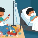 Home boy holding thermometer with blankets and toys healthy recovery beside hospital boy with IV pole and cluttered equipment