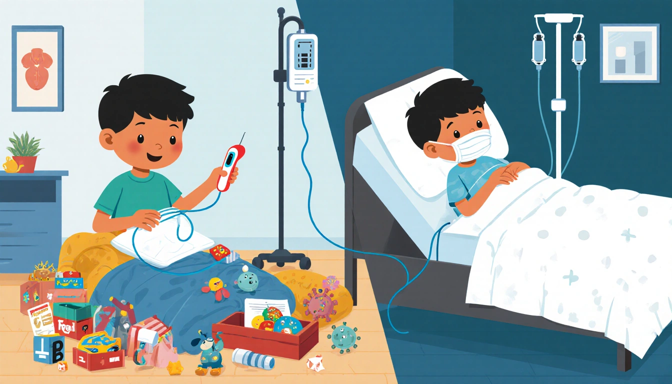 Home boy holding thermometer with blankets and toys healthy recovery beside hospital boy with IV pole and cluttered equipment