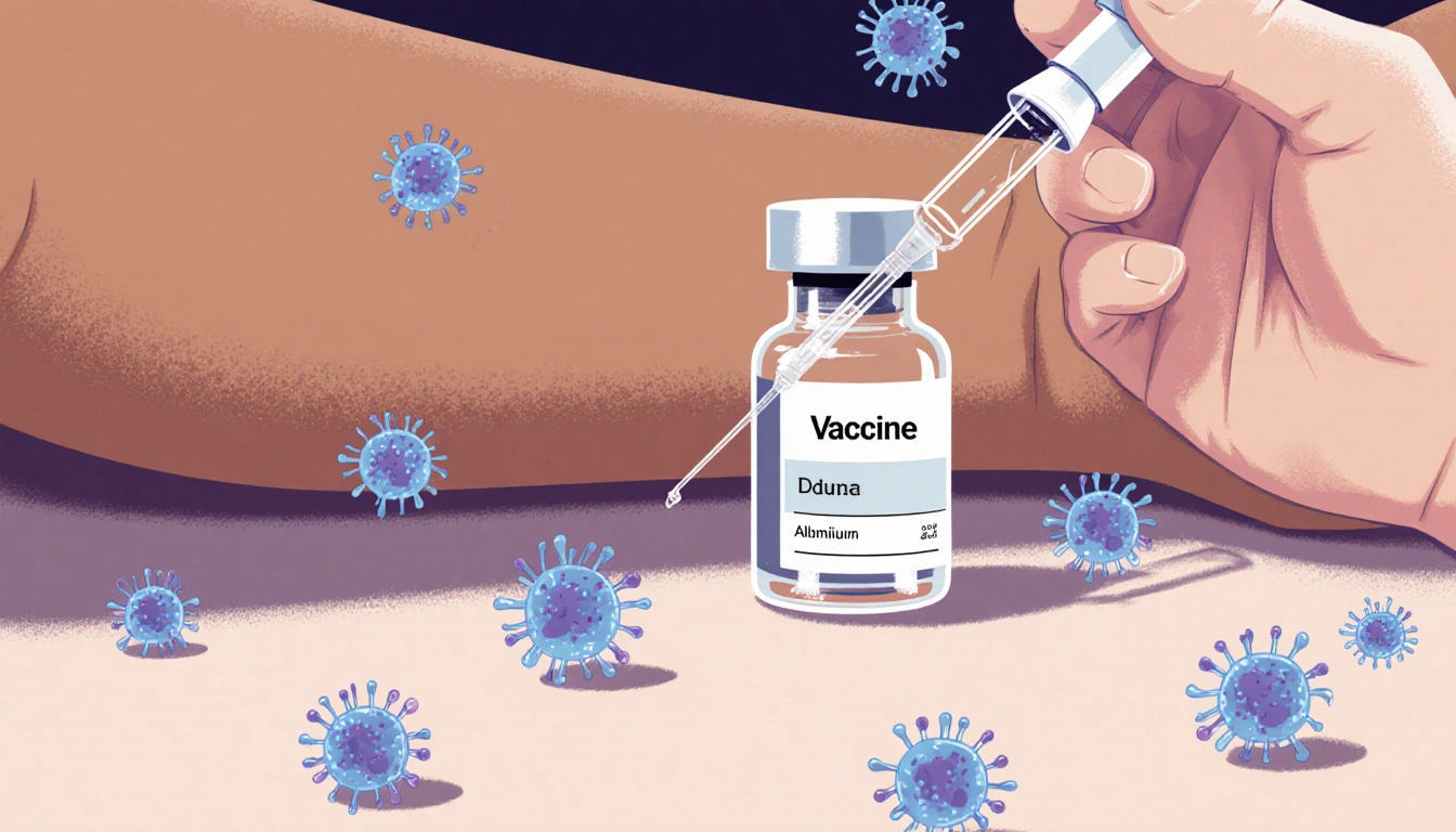 Vaccine dropper poised to inject an arm with clear vial of aluminum salts behind and immune cells swirling around