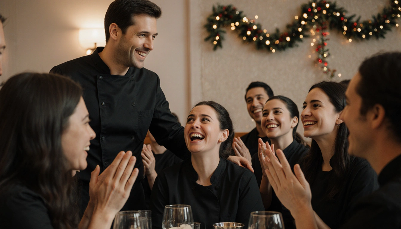 Vales looks surprised with Newton smiling beside her and restaurant staff celebrating in a holiday setting