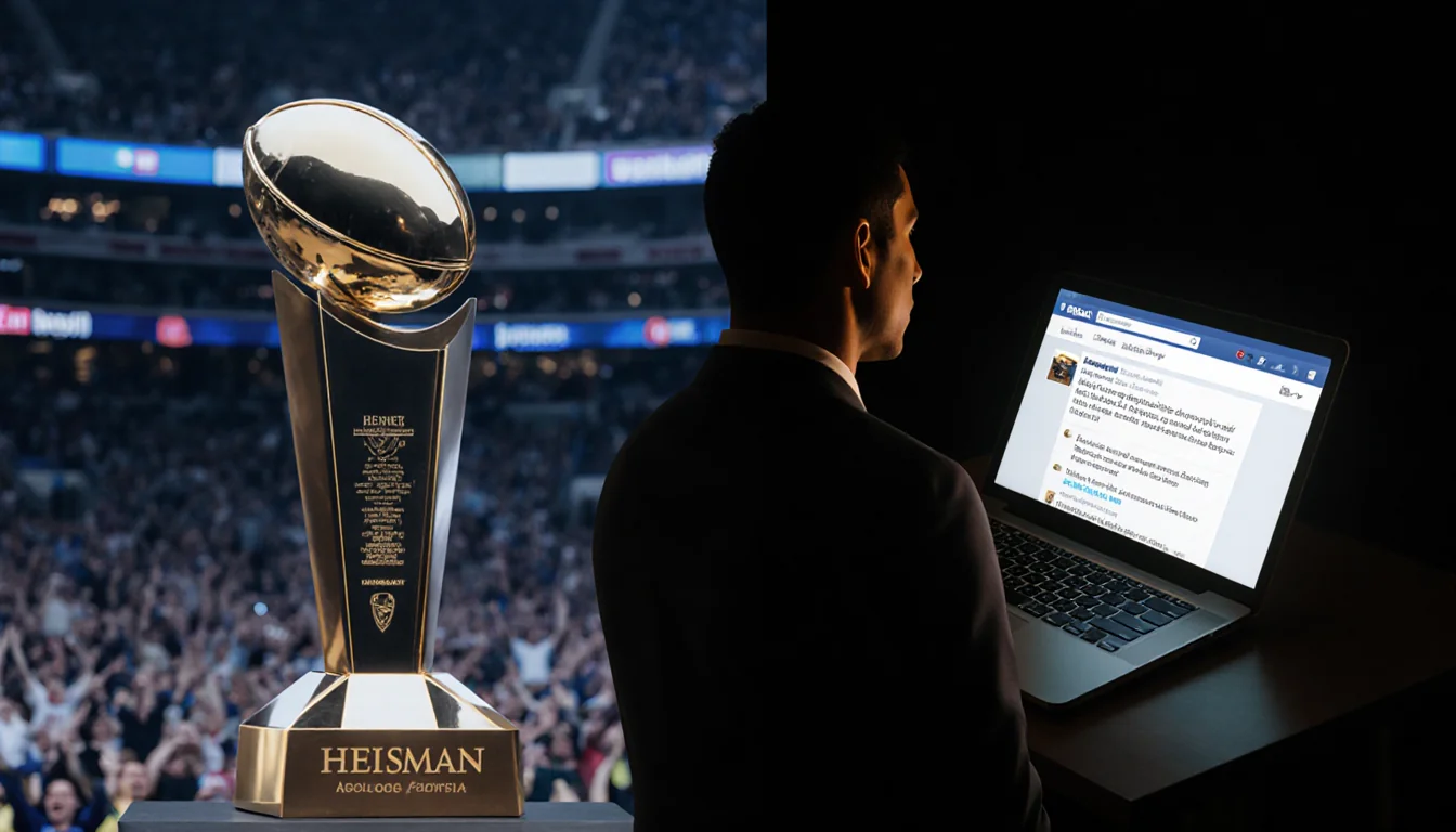 Diego Pavia stands at podium with warm light and split screen showing empty Heisman Trophy and laptop apology post behind him